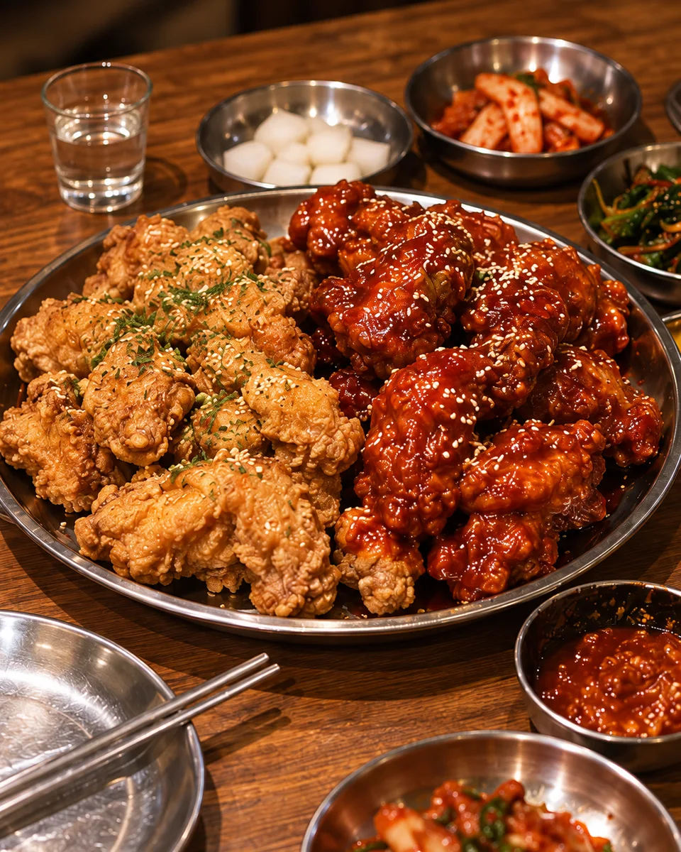반반 치킨과 반찬을 표현한 AI 생성 이미지.