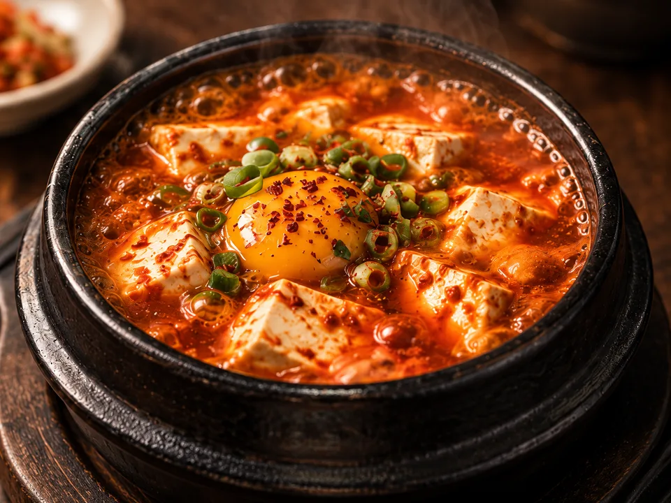 붉은 국물의 순두부찌개를 표현한 AI 생성 이미지.
