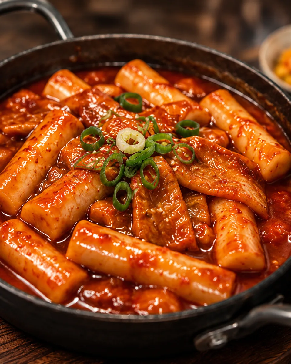 매콤한 떡볶이를 표현한 AI 생성 이미지.