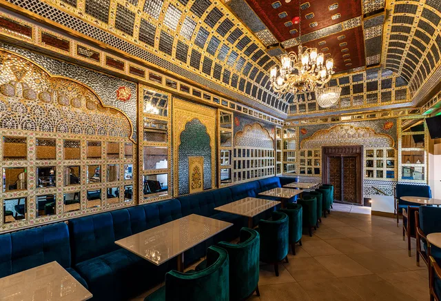 The ornate Sheesh Mahal dining room at Musaafer Houston.