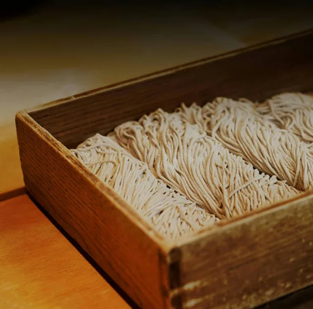 Fresh soba noodles in a wooden box at Tei-An.